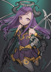 Rule 34 | 1girl, absurdres, bare shoulders, black gloves, black thighhighs, closed mouth, collarbone, covered collarbone, demon girl, demon horns, demon wings, elbow gloves, gloves, halo, highres, holding, holding polearm, holding weapon, horns, izayoi cha, long hair, original, polearm, purple eyes, purple hair, purple skirt, skeletal wings, sketch, skirt, smile, solo, spine, tail, thighhighs, weapon, wings