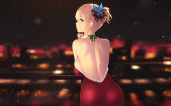 Rule 34 | 1girl, ass, back, backless dress, backless outfit, bare shoulders, blonde hair, blue eyes, blurry, blurry background, blush, boku wa tomodachi ga sukunai, breasts, bug, butterfly, butterfly hair ornament, cait aron, city lights, cowboy shot, dress, eyebrows hidden by hair, from behind, fur-trimmed dress, fur trim, hair ornament, halter dress, halterneck, highres, insect, kashiwazaki sena, large breasts, leaning on table, long hair, looking at viewer, night, outdoors, red dress, shoulder blades, smile, solo, table
