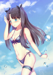 Rule 34 | 1girl, artist name, black hair, black ribbon, blue eyes, blush, breasts, cleavage, fate/stay night, fate (series), hair ribbon, highres, looking at viewer, medium breasts, navel, parted lips, ribbon, signature, swimsuit, tohsaka rin, twintails, two side up, water drop, yeh (354162698)