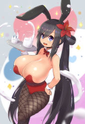 Rule 34 | 1girl, animal ears, ariane cevaille, bare shoulders, black hair, borrowed character, breasts, cleavage, fake animal ears, fishnet pantyhose, fishnets, hand on own hip, huge breasts, impossible clothes, long hair, looking at viewer, magister, milk, open mouth, original, pantyhose, playboy bunny, purple eyes, rabbit ears, smile, solo, standing, twintails, very long hair