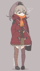 Rule 34 | 10s, 1girl, aqua eyes, brown hair, brown legwear, full body, grey background, hands in pockets, jacket, kantai collection, kumano (kancolle), long hair, mzh, ponytail, scarf, scarf over mouth, skirt, solo, standing, twitter username
