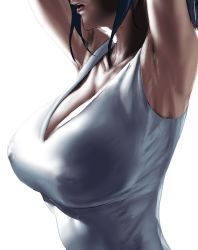 Rule 34 | 1girl, armpits, arms up, bad id, bad twitter id, black hair, breasts, cleavage, collarbone, commentary request, covered erect nipples, large breasts, open mouth, original, out of frame, shirt, simple background, sleeveless, sleeveless shirt, solo, tagme, tank top, tomiokasena, white background, white shirt