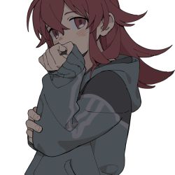Rule 34 | 1girl, blush, brown eyes, brown hair, clenched hand, covered mouth, covering own mouth, crossed bangs, d.y.x., dark, flipped hair, from side, grey jacket, hair between eyes, hand on own arm, hand up, holding own arm, hood, hood down, hooded jacket, idolmaster, idolmaster shiny colors, jacket, komiya kaho, long hair, long sleeves, looking at viewer, looking to the side, muted color, simple background, sleeves past wrists, solo, tareme, track jacket, upper body, white background
