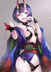 Rule 34 | 1girl, :d, bare shoulders, blood, blood on hands, blush, breasts, commentary request, cowboy shot, dripping, eyeshadow, fate/grand order, fate (series), finger to mouth, fingernails, gradient background, grey background, headpiece, highres, horns, japanese clothes, kimono, light particles, long sleeves, looking at viewer, makeup, navel, off shoulder, open clothes, open kimono, open mouth, purple eyes, purple hair, purple kimono, revealing clothes, short hair, short kimono, shuten douji (fate), skin-covered horns, small breasts, smile, solo, standing, taishi (picchiridou), teeth, thighs, wide sleeves