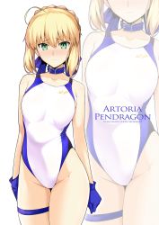 Rule 34 | 1girl, ahoge, artoria pendragon (all), artoria pendragon (fate), bare shoulders, belt collar, blonde hair, blue gloves, blue ribbon, blush, braid, breasts, closed mouth, collar, commentary request, competition swimsuit, contrapposto, cowboy shot, embarrassed, fate/stay night, fate (series), gloves, green eyes, hair between eyes, hair ribbon, halcon, highres, legband, looking at viewer, medium breasts, one-piece swimsuit, ribbon, saber (fate), short hair, solo, standing, swimsuit, thigh strap, white one-piece swimsuit, zoom layer