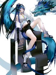 Rule 34 | 1girl, ankle ribbon, arknights, bare legs, bare shoulders, black legwear, black shorts, blouse, blue eyes, blue hair, braid, breasts, closed mouth, coat, cup, dragon, dragon girl, dragon horns, dragon tail, earrings, elbow gloves, eyeshadow, full body, gloves, highres, holding, holding cup, horns, jewelry, large breasts, leg ribbon, ling (arknights), long hair, long sleeves, looking at viewer, mackia, makeup, necktie, off shoulder, open clothes, open coat, pointy ears, ribbon, shirt, short shorts, shorts, simple background, sitting, smile, solo, tail, underbust, very long hair, white background, white coat, white footwear, white shirt, yellow necktie