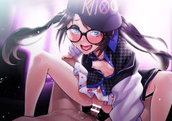 Rule 34 | 1girl, assertive female, bad id, bad pixiv id, bar censor, baseball cap, black hair, blue eyes, blush, censored, clothed sex, commentary request, cowgirl position, girl on top, glasses, hat, hetero, idolmaster, idolmaster shiny colors, long hair, looking at viewer, mitsumine yuika, nipples, open mouth, penis, pov, pubic hair, pussy, sex, smile, solo focus, spread legs, straddling, tkhs, twintails, vaginal