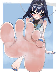 Rule 34 | 1girl, absurdres, barefoot, black hair, blue eyes, blush, ecchi-o, feet, highres, hololive, hololive english, looking at viewer, medium hair, ouro kronii, parted lips, pov, soles, steam, toes, virtual youtuber