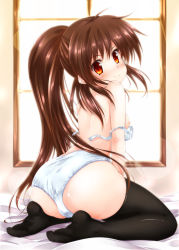 Rule 34 | 1girl, ass, bra, bra pull, breasts, breasts out, brown hair, clothes pull, feet, from behind, fujimoto akio, highres, little busters!, long hair, looking back, medium breasts, natsume rin, nipples, no shoes, open bra, panties, ponytail, red eyes, soles, solo, strap slip, thighhighs, toes, underwear, underwear only, unfastened, white bra, white panties
