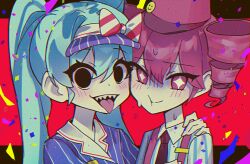 Rule 34 | 2girls, absurdres, black eyes, black necktie, blue hair, blue shirt, bow, chromatic aberration, closed mouth, collared shirt, commentary, diagonal-striped bow, drill hair, film grain, hair between eyes, hand on another&#039;s shoulder, hat, hatsune miku, highres, kasane teto, long hair, mesmerizer (vocaloid), multiple girls, necktie, open mouth, pink hair, pink hat, sharp teeth, shirt, short sleeves, smile, sparkling eyes, striped clothes, striped shirt, suspenders, sweat, teeth, tomya, tongue, tongue out, twin drills, twintails, utau, vertical-striped clothes, vertical-striped shirt, visor cap, vocaloid, white shirt