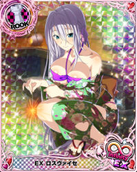 Rule 34 | 1girl, antenna hair, aqua eyes, bare shoulders, bikini, bikini under clothes, breasts, card (medium), character name, chess piece, cleavage, closed mouth, fireworks, hair ribbon, high school dxd, high school dxd infinity, japanese clothes, kimono, large breasts, long hair, off shoulder, official art, purple bikini, ribbon, rook (chess), rossweisse, silver hair, smile, solo, sparkler, swimsuit, torn clothes, trading card, very long hair, yukata
