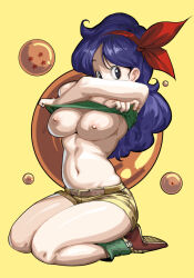 Rule 34 | 1girl, armpits, arms up, black eyes, blush, boots, breasts, breasts out, clothes lift, dragon ball, dragon ball (classic), dragon ball (object), feet, female focus, full body, gradient background, hua zhong yu, large breasts, legs, lifted by self, long hair, looking at viewer, lunch (dragon ball), navel, nipples, purple hair, shirt lift, short shorts, shorts, simple background, sitting, solo, thighs, undressing, yellow eyes