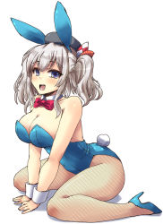 Rule 34 | 10s, 1girl, alternate costume, animal ears, arm support, ass, bare shoulders, beret, bespectacled, blue eyes, breasts, rabbit ears, rabbit tail, cleavage, detached collar, fake animal ears, fishnet pantyhose, fishnets, glasses, hat, highres, kantai collection, kashima (kancolle), large breasts, leotard, long hair, open mouth, pantyhose, playboy bunny, shinshin, silver hair, simple background, solo, tail