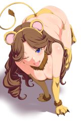 Rule 34 | 10s, 1girl, aikatsu!, aikatsu! (series), all fours, animal costume, animal ears, animal hands, bikini, blue eyes, breasts, brown hair, clearite, cleavage, drill hair, earrings, elbow gloves, fake animal ears, fangs, gloves, hairband, jewelry, lion costume, lion ears, lion tail, long hair, looking at viewer, mature female, mitsuishi orihime, one eye closed, original, side-tie bikini bottom, solo, swimsuit, tail, thighhighs, tongue, tongue out, very long hair, wink