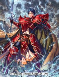 Rule 34 | armor, armored boots, blue eyes, blue hair, boots, cape, company name, debris, electricity, fire emblem, fire emblem: radiant dawn, fire emblem cipher, gloves, holding, holding sword, holding weapon, izuka daisuke, nintendo, official art, outdoors, shoulder armor, sword, weapon, zelgius (fire emblem)