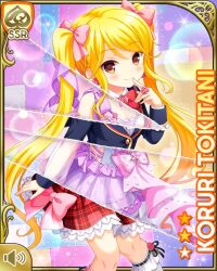 Rule 34 | 1girl, blazer, blonde hair, blue jacket, bow, bowtie, card (medium), character name, closed mouth, detached sleeves, dress, earrings, girlfriend (kari), indoors, jacket, jewelry, long hair, looking at viewer, multiple views, night, official art, pink dress, pink ribbon, plaid, plaid skirt, qp:flapper, red bow, red skirt, ribbon, school uniform, see-through, see-through sleeves, shirt, sitting, skirt, smile, socks, solo, tagme, tokitani koruri, twintails, white shirt, white socks, yellow eyes