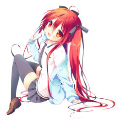 Rule 34 | 1girl, ahoge, amanagi seiji, antenna hair, black thighhighs, blouse, coat, collared shirt, flat chest, from behind, long hair, looking at viewer, looking back, necktie, open mouth, original, phone, pleated skirt, red eyes, red hair, school uniform, serafuku, shirt, sitting, skirt, solo, thighhighs, twintails, very long hair, white background, white shirt