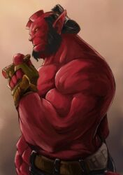 Rule 34 | 1boy, bald spot, bara, beard, belt, biceps, blank eyes, broken horn, colored sclera, colored skin, demon boy, demon horns, facial hair, fingerless gloves, from side, frown, gloves, hellboy, hellboy (comic), horns, large ears, leather, looking ahead, male focus, mature male, monster boy, muscular, muscular male, otsukimi, pectorals, pointy ears, red skin, solo, standing, topless male, yellow sclera
