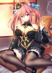 Rule 34 | 1girl, animal ear fluff, animal ears, bare shoulders, black dress, black footwear, black hat, black thighhighs, blush, bow, breasts, cleavage, detached sleeves, dress, fate/grand order, fate (series), fox ears, fox tail, hair bow, hair ribbon, hat, iro ame (amewaagada), large breasts, light particles, long hair, looking at viewer, mini hat, official alternate costume, open mouth, pink hair, ribbon, sidelocks, sitting, smile, solo, tail, tamamo (fate), tamamo no mae (fate/extra), tamamo no mae (sable mage) (fate), thighhighs, tongue, tongue out, twintails, wide sleeves, yellow eyes, yokozuwari