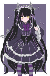 Rule 34 | 1girl, absurdres, alternate costume, black corset, black hair, blunt bangs, blush, border, bow, bowtie, breasts, closed mouth, commentary request, corset, demon girl, demon horns, demon tail, dress, feet out of frame, frilled dress, frilled hairband, frilled sleeves, frills, fukahire234, grey dress, hairband, highres, horns, kojo anna, long hair, long sleeves, looking at viewer, medium breasts, multicolored hair, nanashi inc., outside border, pantyhose, pink hair, pink hairband, pointy ears, purple background, purple bow, purple bowtie, purple pantyhose, smile, solo, sparkle, striped clothes, striped pantyhose, sugar lyric, tail, two-tone hair, two side up, very long hair, virtual youtuber, white border, yellow eyes