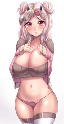 Rule 34 | 1girl, absurdres, blush, breasts, double bun, flower, hair bun, hand on own chest, highres, horns, large breasts, looking at viewer, mistynight, navel, open mouth, panties, pink eyes, pink hair, pink panties, rose, short hair, underwear, white background