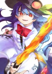 Rule 34 | 1girl, black hat, black wristband, blue hair, blue nails, bow, bowtie, center frills, flaming sword, flaming weapon, food, frills, fruit, hat, hat ornament, highres, hinanawi tenshi, holding, holding sword, holding weapon, long hair, looking at viewer, nail polish, open mouth, peach, red bow, red bowtie, red eyes, shirt, short sleeves, smile, solo, suehachi (hikage), sword, sword of hisou, touhou, upper body, weapon, white background, white shirt