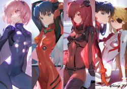 Rule 34 | 4girls, adapted costume, aged down, alternate costume, bident, black bodysuit, black hair, blue eyes, bodysuit, breasts, closed mouth, cosplay, covered navel, crossover, earrings, eva 02, evangelion: 2.0 you can (not) advance, evangelion: 3.0+1.0 thrice upon a time, fate/grand order, fate/stay night, fate (series), floating hair, foot out of frame, full body, grin, hair between eyes, hair over one eye, hairpods, hairstyle connection, hand on another&#039;s shoulder, head tilt, highres, holding, holding shield, impossible bodysuit, impossible clothes, interface headset, jewelry, lance of longinus (evangelion), leaning forward, light brown hair, lily servant, long hair, look-alike, looking at viewer, looking away, looking to the side, lord camelot (fate), mash kyrielight, mecha, medium breasts, multicolored bodysuit, multicolored clothes, multiple girls, neon genesis evangelion, on one knee, open mouth, parted bangs, parted lips, pilot suit, pink eyes, pink hair, plugsuit, polearm, purple bodysuit, purple hair, rebuild of evangelion, red bodysuit, red eyes, robot, scathach (fate), shield, short hair, siino, simple background, sitting, skin tight, small breasts, smile, souryuu asuka langley, souryuu asuka langley (cosplay), teeth, test plugsuit, thighs, tight clothes, tohsaka rin, trait connection, twintails, twitter username, two side up, tying hair, wariza, white bodysuit