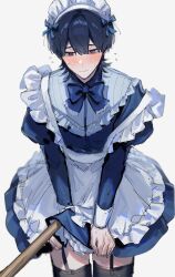 Rule 34 | 1boy, absurdres, apron, black hair, black thighhighs, blue bow, blue dress, blush, bow, crossdressing, dress, frilled apron, frills, gripping clothes, hair between eyes, highres, hiiragi hiiro, juliet sleeves, long sleeves, looking at viewer, maid, maid apron, maid headdress, male focus, male maid, original, puffy sleeves, short hair, shy, solo, solo focus, suspenders, sweat, sweatdrop, thighhighs, upper body, white apron, white background