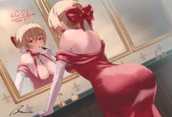 Rule 34 | 1girl, ass, blonde hair, bon mushi, breasts, cleavage, commission, dress, elbow gloves, evening gown, gloves, granblue fantasy, hair bun, lipstick, makeup, medium breasts, mirror, official alternate costume, red eyes, reflection, single hair bun, skeb commission, solo, vira (granblue fantasy)