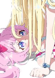 Rule 34 | 2girls, aozora himari, arm support, blonde hair, blunt bangs, bracelet, commentary request, crying, head out of frame, highres, himitsu no aipri, hoshikawa mitsuki, jewelry, long hair, looking at another, looking up, lying, multiple girls, on back, pink hair, pretty series, purple eyes, simple background, tears, tsujii luki, upper body, white background, yukadon