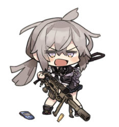 Rule 34 | 1girl, ahoge, anti-materiel rifle, bolt action, casing ejection, cheytac m200, chibi, full body, girls&#039; frontline, gun, holding, holding gun, holding weapon, itsuki tasuku, jacket, long hair, m200 (girls&#039; frontline), muzzle device, open mouth, purple eyes, rifle, scope, shell casing, silver hair, sniper rifle, solo, weapon