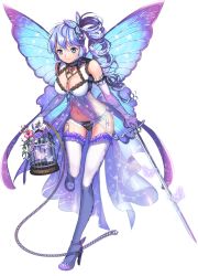 Rule 34 | 1girl, babydoll, birdcage, blue eyes, blue hair, breasts, bug, butterfly, cage, cleavage, drill hair, fairy, flower, full body, garter straps, hc (razel1), bug, large breasts, long hair, matching hair/eyes, original, rapier, solo, sword, thighhighs, transparent background, weapon
