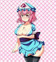 Rule 34 | &gt;:), 1girl, adapted costume, aqua dress, arm grab, bad id, bad pixiv id, black thighhighs, blue skirt, blush, body blush, breast hold, breasts, cleavage, collarbone, dress, female focus, hat, hip focus, japanese clothes, kimono, large breasts, looking at viewer, microdress, moisture (chichi), nose blush, obi, pink background, pink eyes, pink hair, polka dot, polka dot background, saigyouji yuyuko, sash, shiny skin, short hair, short sleeves, skindentation, skirt, solo, standing, straight hair, thighhighs, thighs, touhou, triangular headpiece, v-shaped eyebrows, wide hips