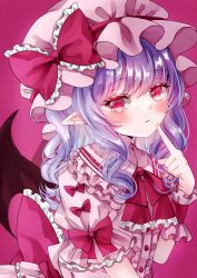 Rule 34 | 1girl, back bow, bat wings, blush, bow, brooch, center frills, closed mouth, dress, finger to own chin, frilled shirt, frilled shirt collar, frilled sleeves, frills, frown, hand up, hat, hat ribbon, jaku sono, jewelry, looking to the side, magenta eyes, medium hair, mob cap, pink dress, pink hat, pointy ears, puffy short sleeves, puffy sleeves, purple background, purple hair, red bow, red eyes, red ribbon, remilia scarlet, ribbon, sash, shirt, short sleeves, simple background, solo, touhou, upper body, wings, wrist cuffs