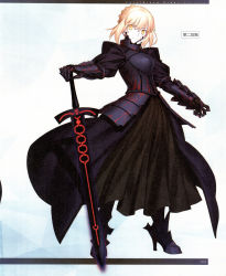 Rule 34 | 1girl, absurdres, armor, armored boots, armored dress, artoria pendragon (fate), black dress, blonde hair, boots, dress, fate/grand order, fate/stay night, fate/unlimited codes, fate (series), gauntlets, highres, holding, holding sword, holding weapon, official art, saber (fate), saber alter, solo, sword, takeuchi takashi, transparent background, weapon, yellow eyes