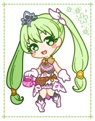 Rule 34 | 1girl, :3, belt, black socks, blush, blush stickers, boots, border, dress, female focus, frey (rune factory), full body, gloves, green border, green eyes, green hair, hair ribbon, hand up, happy, head tilt, heart, heart in eye, holding, kneehighs, knees together feet apart, long hair, looking at viewer, matching hair/eyes, muguet, open mouth, pouch, ribbon, rune factory, rune factory 4, sidelocks, sleeveless, sleeveless dress, smile, socks, solo, standing, symbol in eye, tiara, twintails, very long hair, watering can, white dress, white footwear, white gloves, white ribbon