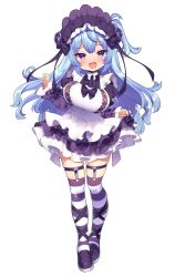 Rule 34 | 1girl, :3, black footwear, black thighhighs, blue eyes, blue hair, breasts, character request, fang, full body, highres, indie virtual youtuber, large breasts, long hair, long sleeves, looking at viewer, msp sammy, multicolored thighhighs, second-party source, simple background, smug, solo, striped clothes, striped thighhighs, thighhighs, virtual youtuber, white background, white thighhighs