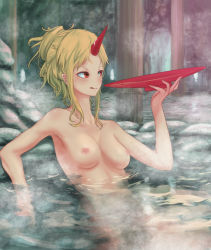 Rule 34 | 1girl, :q, alternate hairstyle, blonde hair, blush, breasts, collarbone, commentary request, cup, forehead, hand up, holding, holding cup, horns, hoshiguma yuugi, medium breasts, nipples, nude, onsen, partially submerged, red eyes, rock, roke (taikodon), sakazuki, short hair, sidelocks, single horn, sitting, solo, steam, tongue, tongue out, touhou, water