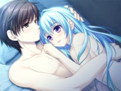 Rule 34 | 1boy, 1girl, :d, alpha (yukai na nakamatachi), bed sheet, brown eyes, brown hair, closed mouth, collarbone, completely nude, couple, eye contact, game cg, hand in another&#039;s hair, hetero, hug, long hair, looking at another, lying, navel, nude, okiba ga nai!, on back, on bed, on side, open mouth, pillow, purple eyes, seiji amanogawa, shannon (okiba ga nai!), short hair, silver hair, smile, straight hair, very long hair