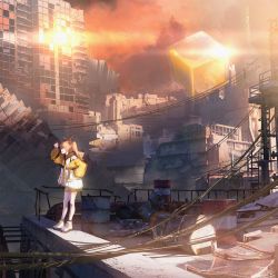 Rule 34 | 1girl, blonde hair, building, city, cityscape, commentary request, drum (container), gyoukan (jfxc), highres, horns, jacket, kagase uno, ladder, long hair, long sleeves, power lines, railing, ruins, scenery, shadow, shoes, skyscraper, smile, sneakers, solo, standing, sunset, twintails, versen, virtual youtuber, white footwear, wide shot, yellow jacket
