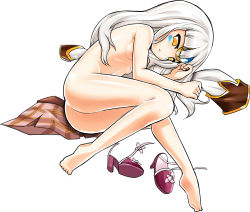 Rule 34 | 1girl, ass, bad id, bad pixiv id, breasts, completely nude, elsword, eve (elsword), flat chest, full body, highres, long hair, lying, nude, on side, poseich, shoes, small breasts, solo, underboob, white background, white hair, yellow eyes