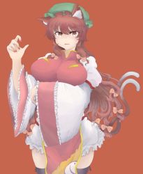 Rule 34 | 1girl, animal ear fluff, animal ears, arm under breasts, black thighhighs, breasts, brown eyes, brown hair, cat ears, cat tail, chen, cowboy shot, dress, earrings, gold trim, hand up, hat, highres, jewelry, large breasts, long hair, mob cap, multiple tails, nail polish, nekomata, aged up, parted lips, red background, red nails, simple background, single earring, smile, solo, tabard, tail, thighhighs, touhou, tunatume, two tails, very long hair, white dress, wide sleeves
