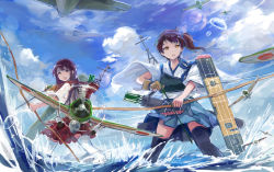 Rule 34 | 10s, 2girls, aircraft, airplane, akagi (kancolle), archery, armor, arrow (projectile), bow (weapon), brown hair, cloud, day, gloves, japanese clothes, kaga (kancolle), kantai collection, kyuudou, machinery, multiple girls, muneate, ocean, open mouth, outdoors, partially fingerless gloves, partly fingerless gloves, personification, ponytail, quiver, side ponytail, sky, spark (sandro), tasuki, thighhighs, water, weapon, yugake