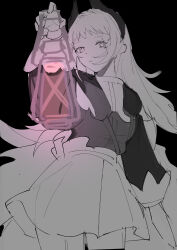 Rule 34 | 1girl, absurdres, arknights, arm up, black background, closed mouth, gloves, greyscale, highres, holding, holding lantern, inu to milk, irene (arknights), lantern, long hair, long sleeves, monochrome, puffy long sleeves, puffy sleeves, shirt, simple background, sketch, skirt, solo, very long hair