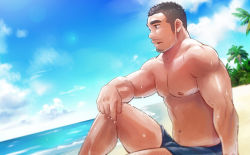 Rule 34 | 1boy, bara, beach, black hair, blue male swimwear, bulge, facial hair, feet out of frame, from side, goatee, leg hair, long sideburns, male focus, male swimwear, mature male, muscular, muscular male, navel, navel hair, nipples, original, pectorals, short hair, sideburns, sitting, solo, stomach, stubble, suv (suv032), swim briefs, thick eyebrows, thighs, topless male, wet
