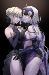 Rule 34 | 2girls, absurdres, ahoge, artoria pendragon (all), artoria pendragon (fate), ass, black dress, black panties, black ribbon, blonde hair, braid, breasts, chain, cleavage, clothes lift, dress, dress lift, elbow pads, fate/grand order, fate (series), grey hair, hair between eyes, hair ribbon, headpiece, highres, jeanne d&#039;arc alter (avenger) (fate), jeanne d&#039;arc alter (avenger) (third ascension) (fate), jeanne d&#039;arc alter (fate), lifting another&#039;s clothes, long hair, looking at viewer, multiple girls, nipi27, panties, ribbon, saber alter, underwear, yellow eyes, yuri