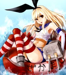Rule 34 | 10s, 1girl, anchor, bare shoulders, black panties, blonde hair, crop top, crop top overhang, elbow gloves, gloves, hair ornament, hair ribbon, hebinuma, innertube, kantai collection, long hair, looking at viewer, midriff, navel, panties, pantyshot, patterned legwear, personification, red &amp; white, rensouhou-chan, ribbon, sailor collar, shimakaze (kancolle), sitting, skirt, solo, striped clothes, striped thighhighs, swim ring, thighhighs, two-tone stripes, underwear, upskirt, white gloves