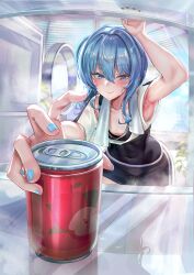 Rule 34 | 1girl, areola slip, armpits, blue eyes, blue hair, blue nails, blurry, blurry background, blush, breasts, can, closed mouth, collarbone, covered erect nipples, crop top, drink can, feet out of frame, flat chest, foreshortening, hair between eyes, highres, hololive, hololive dance practice uniform, hoshimachi suisei, indoors, jagoo, leaning forward, long hair, looking at viewer, nail polish, navel, official alternate costume, open mouth, paid reward available, see-through, see-through shirt, short shorts, short sleeves, shorts, side ponytail, sidelocks, smile, soda can, solo, steaming body, sweatdrop, towel, towel around neck, virtual youtuber