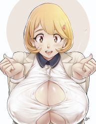 Rule 34 | 1girl, aurahack, breasts, brown hair, bursting breasts, button gap, cleavage, flying button, highres, huge breasts, looking at viewer, narusawa ryouka, occultic;nine, popped button, solo, upper body