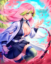 Rule 34 | 1girl, absurdres, alina l, belt, black jacket, black skirt, black thighhighs, braid, breasts, buttons, cleavage, closed mouth, commentary, commission, demon slayer uniform, english text, gradient hair, green eyes, green hair, hair between eyes, haori, highres, holding, holding sword, holding weapon, jacket, japanese clothes, kanroji mitsuri, katana, kimetsu no yaiba, large breasts, lips, long hair, long sleeves, looking away, looking up, miniskirt, mole, mole under eye, multicolored hair, multiple moles, open clothes, partially unbuttoned, petals, pink hair, pink lips, pleated skirt, signature, skirt, solo, sword, thighhighs, tri braids, twitter username, uniform, very long hair, weapon, white belt, wide sleeves, zettai ryouiki